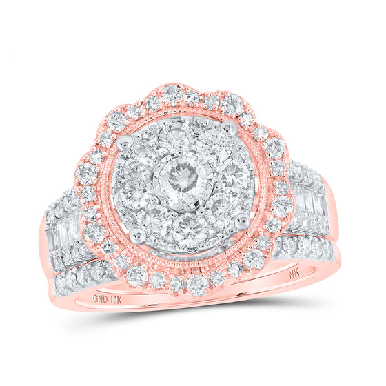 10k Rose Gold Round Diamond Cluster Bridal Wedding Ring Band Set 1-1/2 Cttw