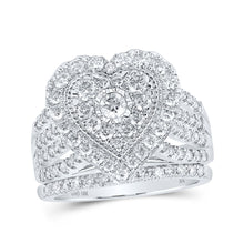  10k White Gold Round Diamond Heart Bridal Wedding Ring Band Set 1-1/2 Cttw