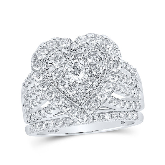 10k White Gold Round Diamond Heart Bridal Wedding Ring Band Set 1-1/2 Cttw