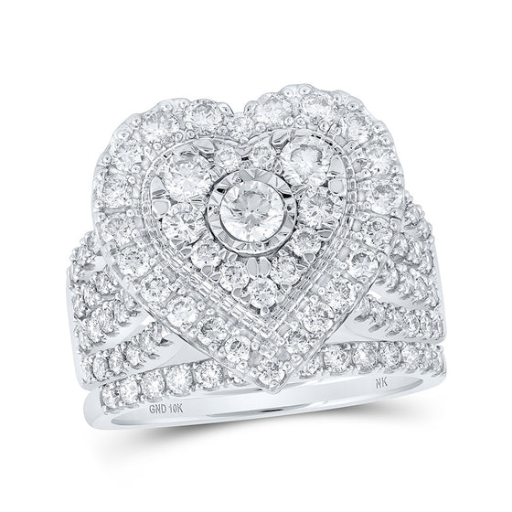 10k White Gold Round Diamond Heart Bridal Wedding Ring Band Set 2 Cttw