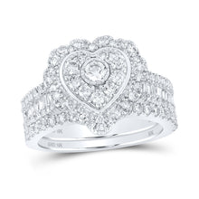  10k White Gold Round Diamond Heart Bridal Wedding Ring Band Set 1-1/2 Cttw