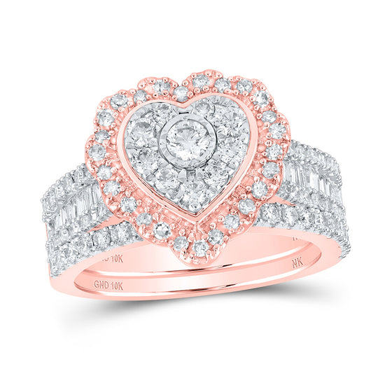 10k Rose Gold Round Diamond Heart Bridal Wedding Ring Band Set 1-1/2 Cttw