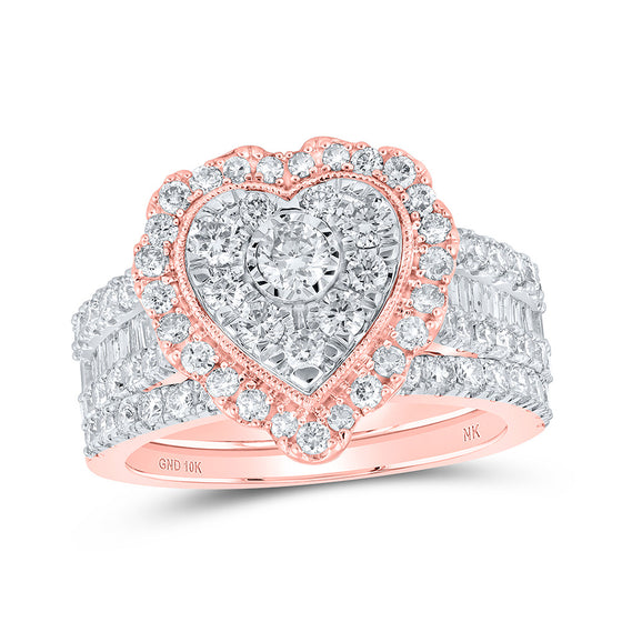 10k Rose Gold Round Diamond Heart Bridal Wedding Ring Band Set 2 Cttw