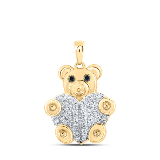 10k Yellow Gold Womens Round Black Color Treated Diamond Bear Animal Pendant 1/5 Cttw