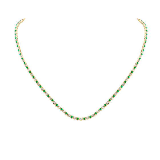 14k Yellow Gold Womens Round Emerald Diamond Tennis Necklace 5-5/8 Cttw