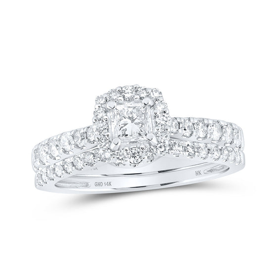 14k White Gold Princess Diamond Halo Bridal Wedding Ring Band Set 1 Cttw