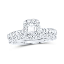  14k White Gold Emerald Diamond Halo Bridal Wedding Ring Band Set 1 Cttw
