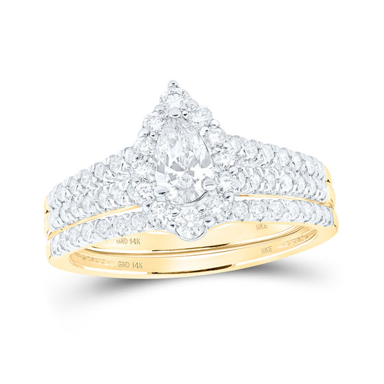 14k Yellow Gold Pear Diamond Halo Bridal Wedding Ring Band Set 1 Cttw