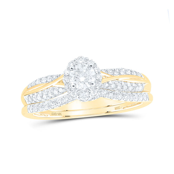 10k Yellow Gold Round Diamond Halo Bridal Wedding Ring Band Set 1/2 Cttw