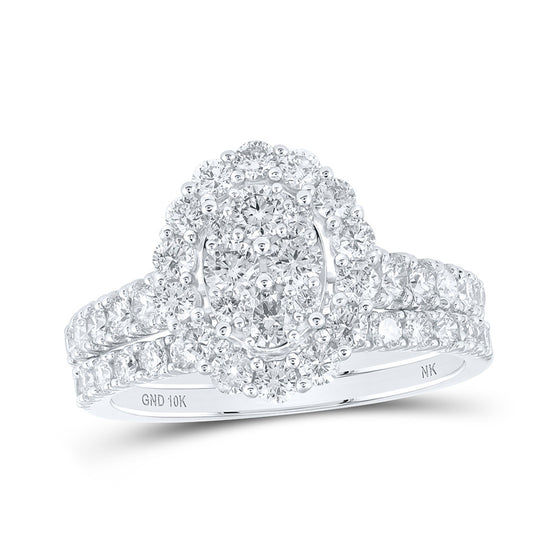 10k White Gold Round Diamond Oval Bridal Wedding Ring Band Set 1-5/8 Cttw