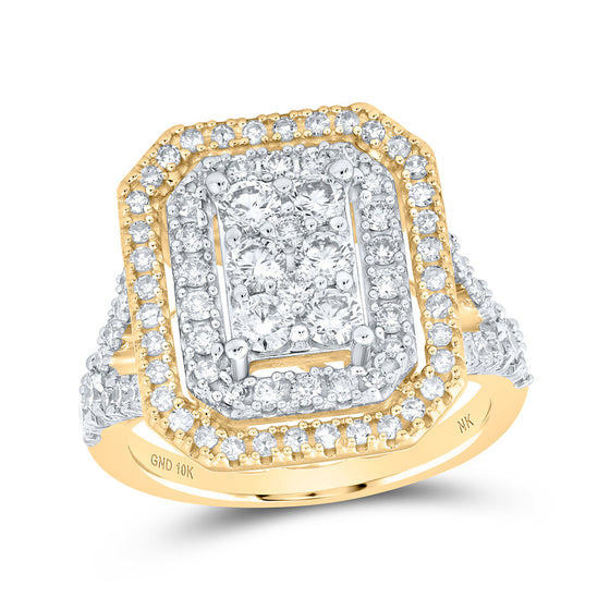 10k Yellow Gold Womens Round Diamond Rectangle Cluster Ring 1-1/2 Cttw