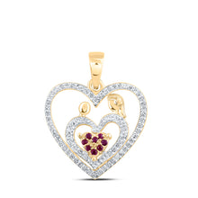  10k Yellow Gold Womens Round Ruby Mom Child Heart Pendant 1/5 Cttw