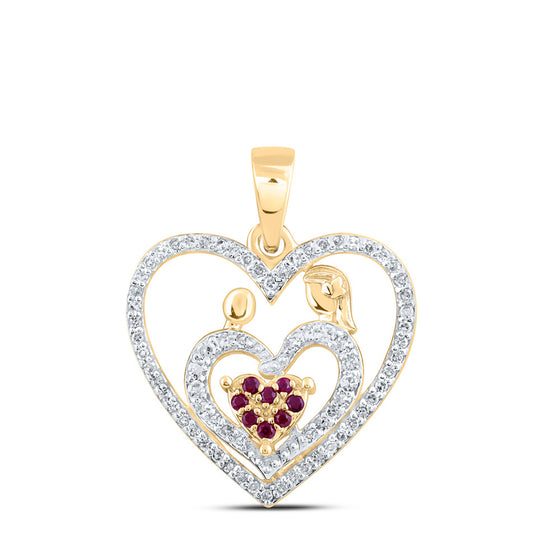 10k Yellow Gold Womens Round Ruby Mom Child Heart Pendant 1/5 Cttw