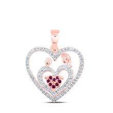  10k Rose Gold Womens Round Ruby Mom Child Heart Pendant 1/5 Cttw