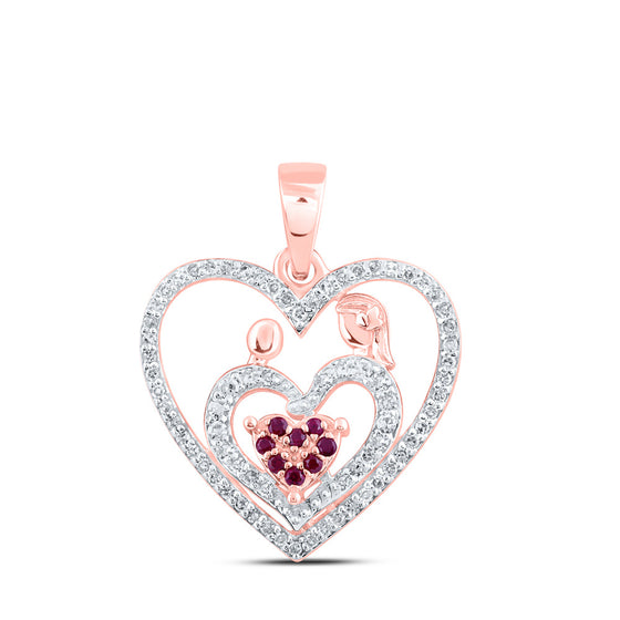 10k Rose Gold Womens Round Ruby Mom Child Heart Pendant 1/5 Cttw