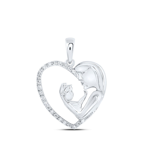 10k White Gold Womens Round Diamond Mother Child Heart Pendant 1/10 Cttw