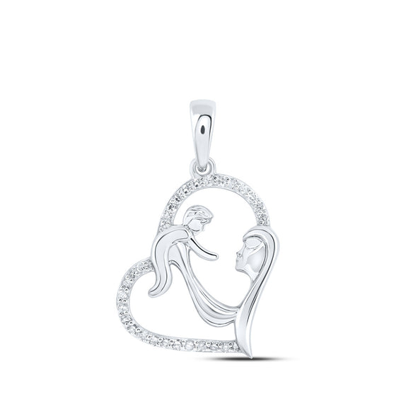 10k White Gold Womens Round Diamond Mom Child Heart Pendant 1/8 Cttw