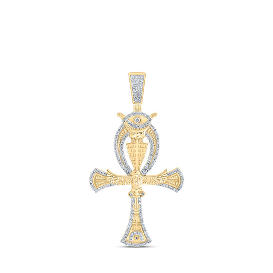 10k Yellow Gold Mens Round Diamond Ankh Eye Cross Charm Pendant 1-1/5 Cttw