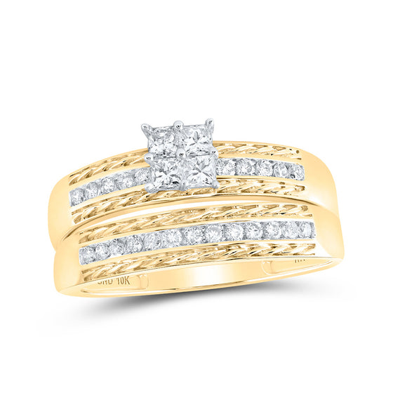 10k Yellow Gold His Hers Round Diamond Square Matching Wedding Set 3/4 Cttw