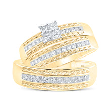  10k Yellow Gold His Hers Round Diamond Square Matching Wedding Set 3/4 Cttw