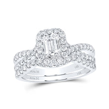  14k White Gold Emerald Diamond Halo Bridal Wedding Ring Band Set 1-1/2 Cttw