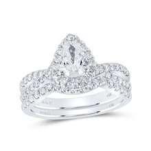  14k White Gold Pear Diamond Halo Bridal Wedding Ring Band Set 1-1/2 Cttw