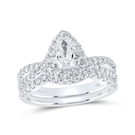 14k White Gold Pear Diamond Halo Bridal Wedding Ring Band Set 1-1/2 Cttw