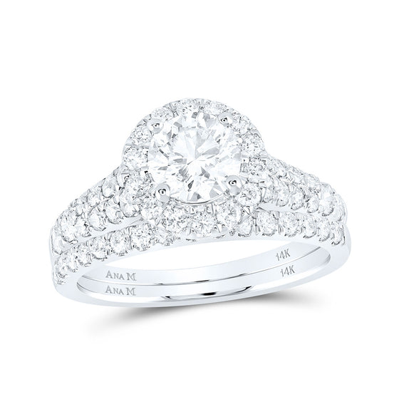 14k White Gold Round Diamond Halo Bridal Wedding Ring Band Set 2 Cttw
