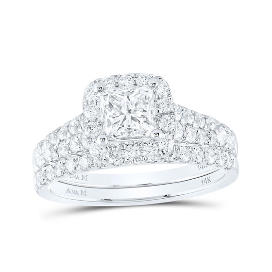 14k White Gold Princess Diamond Halo Bridal Wedding Ring Band Set 2 Cttw