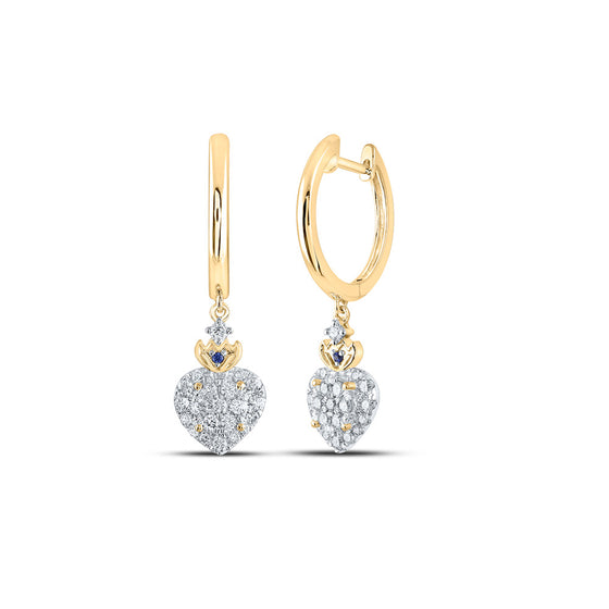 14k Yellow Gold Womens Round Diamond Hoop Heart Dangle Earrings 1/2 Cttw