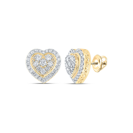 10k Yellow Gold Womens Round Diamond Heart Earrings 1-1/4 Cttw