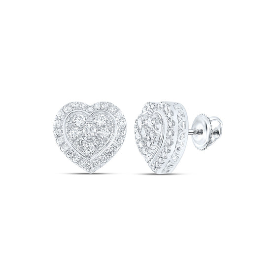 10k White Gold Womens Round Diamond Heart Earrings 1-1/4 Cttw