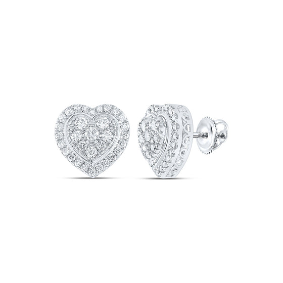 14k White Gold Womens Round Diamond Heart Earrings 1-1/4 Cttw