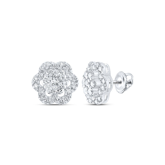 10k White Gold Womens Round Diamond Flower Cluster Earrings 1 Cttw