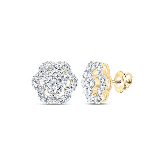 14k Yellow Gold Womens Round Diamond Flower Cluster Earrings 1 Cttw