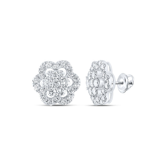 10k White Gold Womens Round Diamond Flower Cluster Earrings 2 Cttw