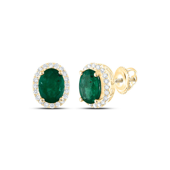 14k Yellow Gold Womens Oval Emerald Solitaire Diamond Halo Earrings 1-5/8 Cttw