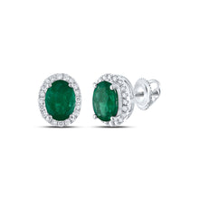  14k White Gold Womens Oval Emerald Solitaire Diamond Halo Earrings 1-5/8 Cttw