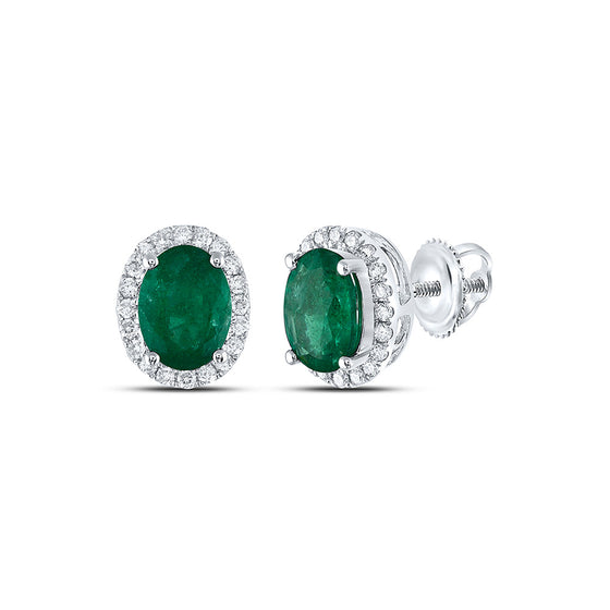 14k White Gold Womens Oval Emerald Solitaire Diamond Halo Earrings 1-5/8 Cttw