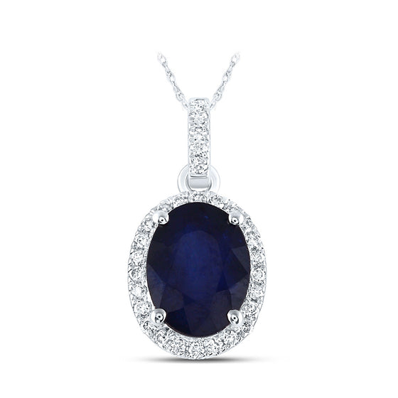 14k White Gold Womens Oval Blue Sapphire Solitaire Diamond Halo Pendant 1-5/8 Cttw