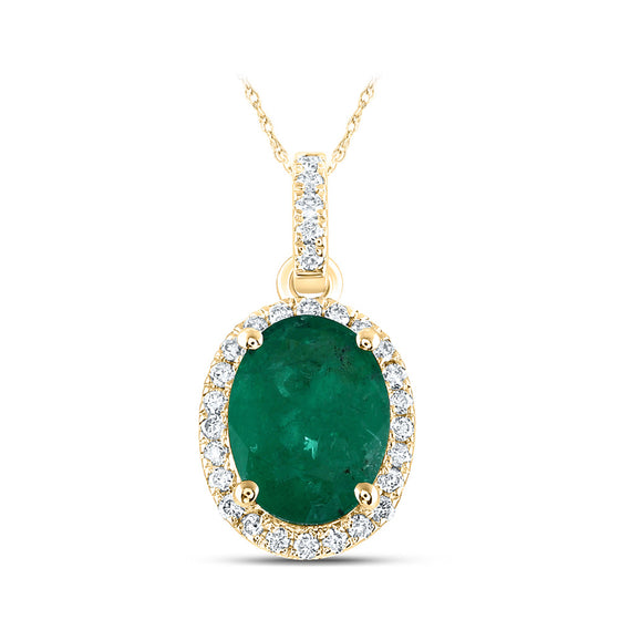 14k Yellow Gold Womens Oval Emerald Solitaire Diamond Halo Pendant 1 Cttw