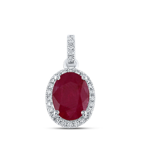 14k White Gold Womens Oval Ruby Solitaire Diamond Halo Pendant 1-5/8 Cttw