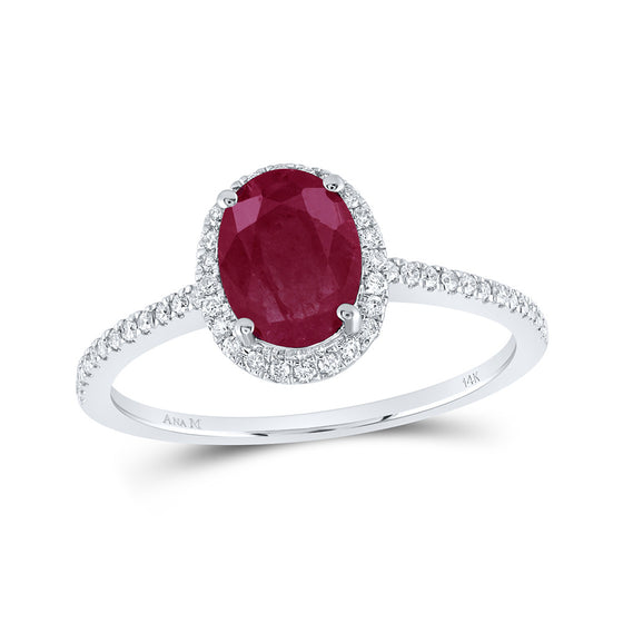 14k White Gold Womens Oval Ruby Solitaire Diamond Halo Ring 2 Cttw