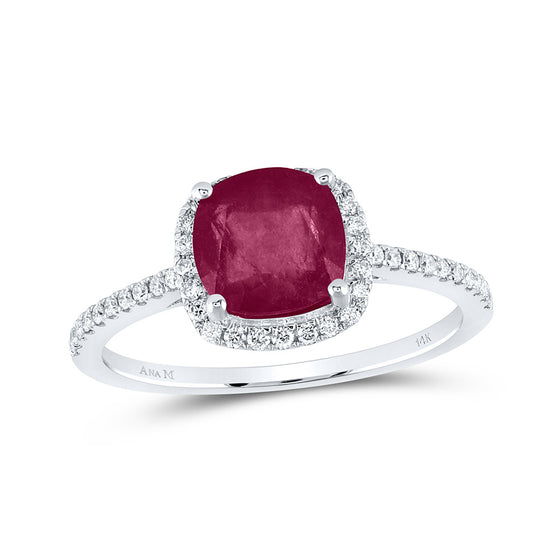 14k White Gold Womens Cushion Ruby Diamond Halo Ring 2-1/5 Cttw