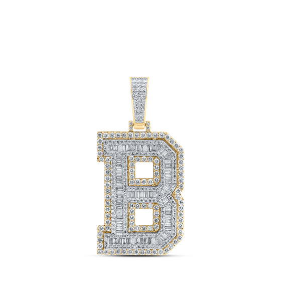 10k Yellow Gold Mens Baguette Diamond B Initial Letter Charm Pendant 3-1/3 Cttw