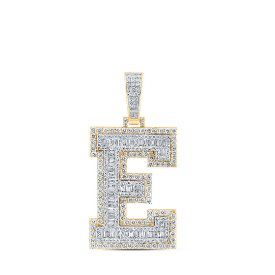 10k Yellow Gold Mens Baguette Diamond E Initial Letter Charm Pendant 3-1/3 Cttw