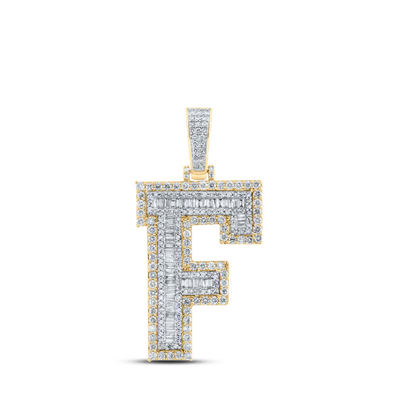 10k Yellow Gold Mens Baguette Diamond F Initial Letter Charm Pendant 2-3/8 Cttw
