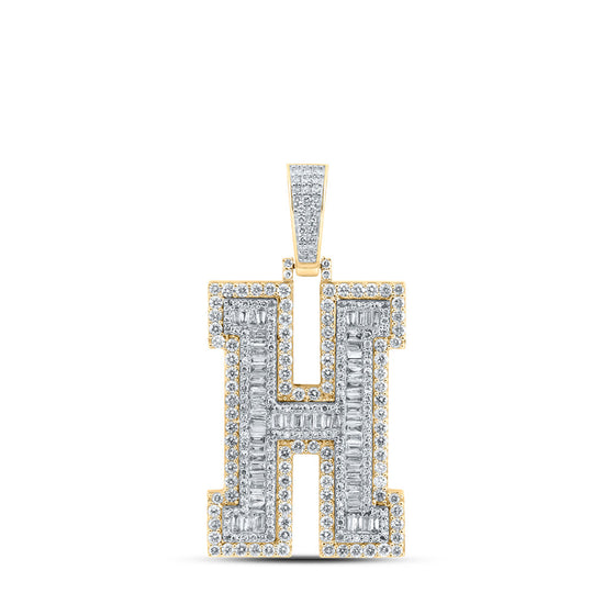 10k Yellow Gold Mens Baguette Diamond H Initial Letter Charm Pendant 3 Cttw