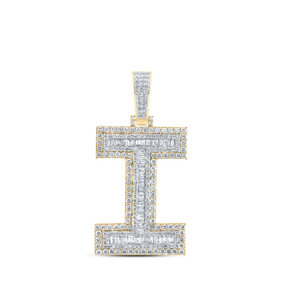 10k Yellow Gold Mens Baguette Diamond I Initial Letter Charm Pendant 2-7/8 Cttw