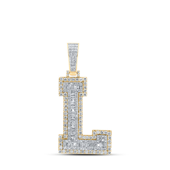 10k Yellow Gold Mens Baguette Diamond L Initial Letter Charm Pendant 2-3/8 Cttw
